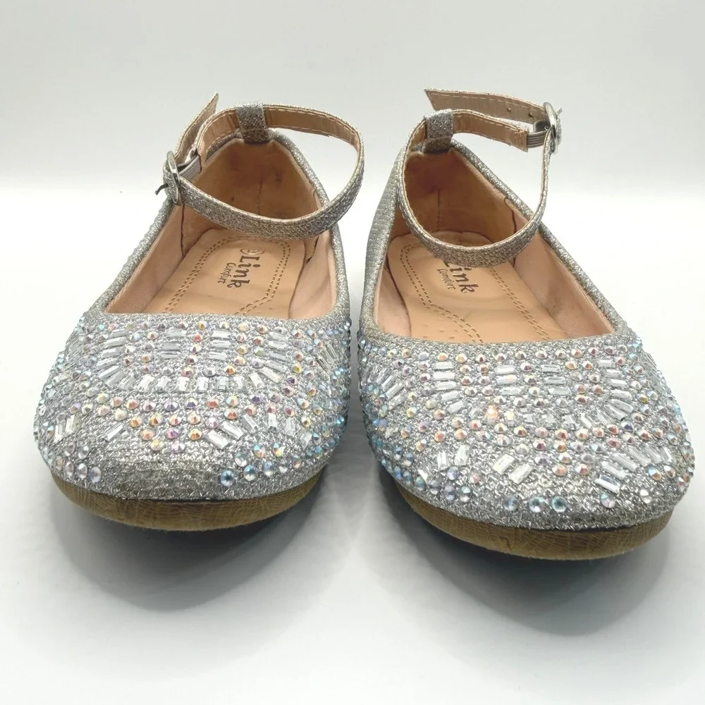 Link Comfort Girls Silver Glitter Rhinestone Ankle Strap Dress Shoes Size 12